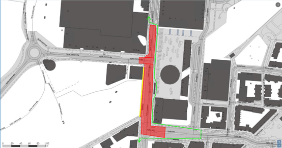 Bilden visar en karta av etapp 3 där Hyllie boulevard, Hyllie stationsväg samt Hyllie Allé stängs i båda körriktningarna. Cykelbanan är avstängd på västra sidan och cyklister leds om till motsatt sida. Gående kan passera arbetet på västra sidan.