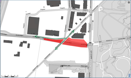Bilden visar en karta där Almviksvägen är avstängd mellan Yllegatan och Hyllie boulevard. Gående och cyklister kan passera arbetet.  Fordon till Skrivaregatan kan köra via Yllegatan.         