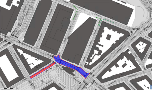 Bilden visar en karta med avstängningar på Östra Förstadsgatan mellan Kungsgatan och Lundavägen till och med den 30 april och Kungsgatan mellan Östra Förstadsgatan och Ehrensvärdsgatan till och med den 5 maj. Gäller från den 27 april.