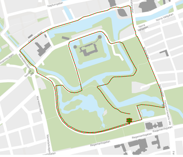 Bilden visar en karta över bansträckningen för motionsloppet som utöver Malmöhusvägen och Kung Oscars väg delvis går längs Slottsgatan, Citadellsvägen och Mariedalsvägen.
