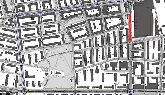 Bilden visar karta där Mariedalsvägen är avstängd mellan Lundbergsgatan och Fågelbacksgatan, omledning sker via Regementsgatan, Major Nilssonsgatan och Köpenhamnsvägen.