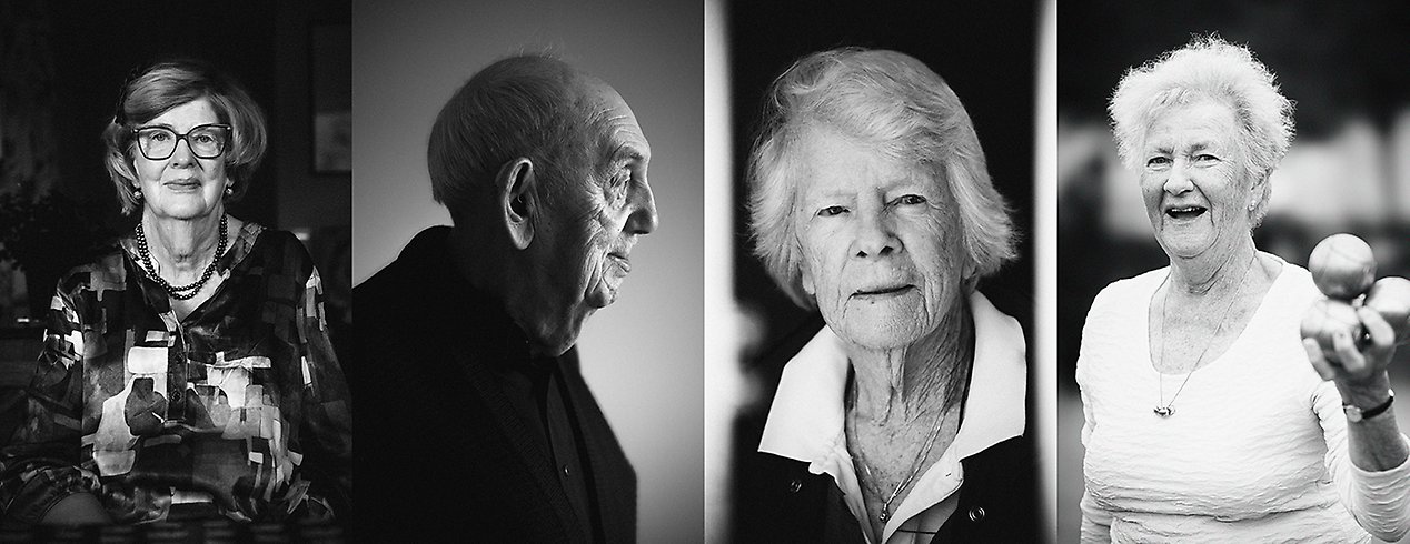 Porträttbilder i svartvitt på fyra seniorer - tre kvinnor och en man.