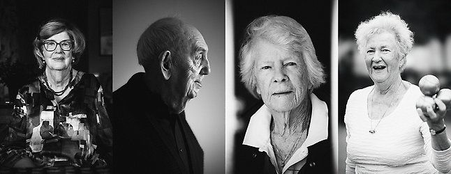 Porträttbilder i svartvitt på fyra seniorer - tre kvinnor och en man.
