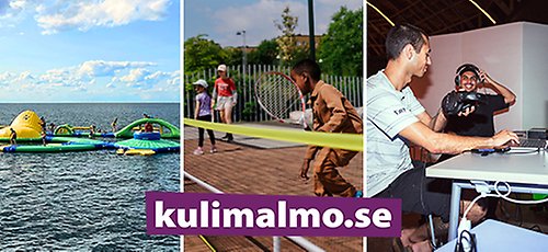 Bildkollage med vattenhinderbana i havet, en ung person som spelar tennis utomhus samt två personer som producerar musik.