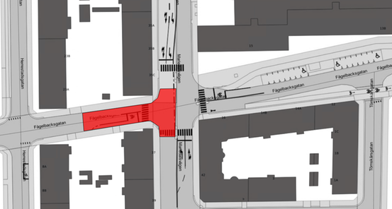 Bilden visar en karta där Fågelbacksgatan är avstängd mellan Herrestadsgatan och Mariedalsvägen.