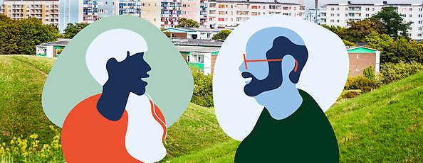 En man och en kvinna ler mot varandra, illustration. I bakgrunden en bild från Holma.