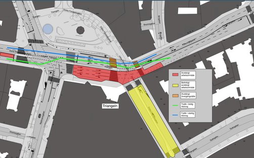 Bilden visar en karta där det är begränsad framkomlighet på södra sidan av Östra Förstadsgatan från den 3 juni till den 26 juni.