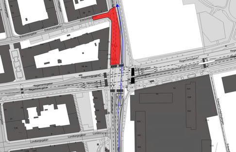 Bilden visar en karta där Mariedalsvägen är avstängd i sydlig riktning och Erikstorpsgatan är helt avstängd mellan Mariedalsvägen och Carl Hillsgatan avstängd från 8 juni till 10 juli.