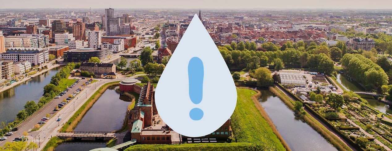 flygfoto över Malmö med en illustration av en vattendroppe med ett utropstecken i