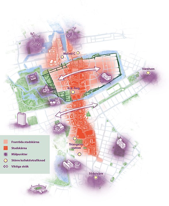 Karta över området som berörs av strategin. Visar centrala Malmö från Triangeln till Malmö C.