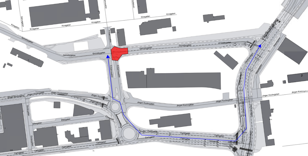 Bilden visar en karta med avstängt arbetsområde på Grimsbygatan.