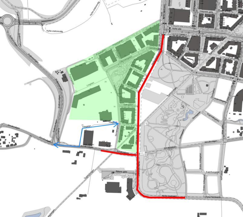 Arbetsområdet på Hyllie boulevard och Almviksvägen.