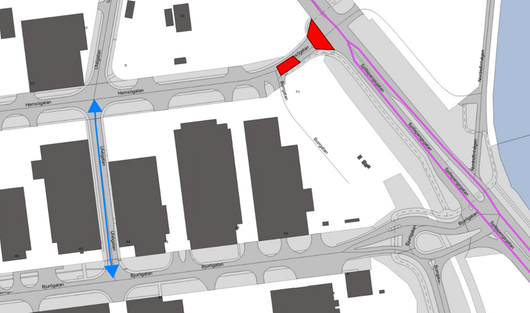 Arbetsområdet på Hemösgatan i korsningen med Spillepengsgatan.