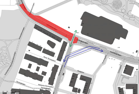 Arbetsområdet på Hyllievångsvägen i korsningen med Hyllie boulevard.