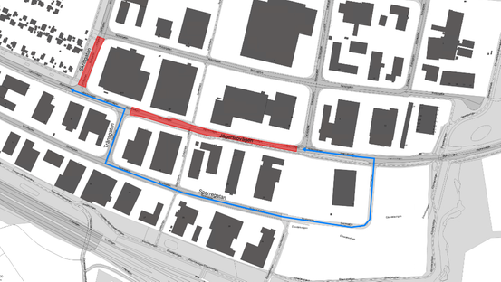 Arbetsområdet på Jägersrovägen och Skrittgatan.