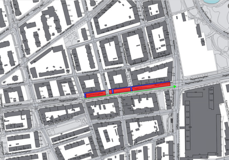 Kartbild över arbetsområdet på etapp 2 av arbetet på Regementsgatan.